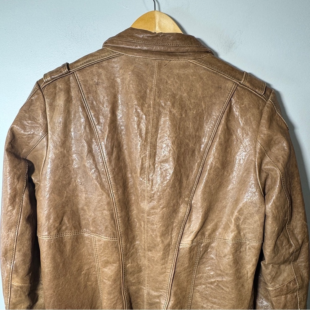 Y2K Danier Brown Leather Utility Jacket Snap Front Stand Collar Size Small - Picture 7 of 16